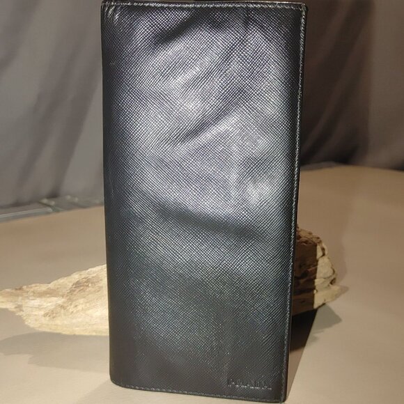 Prada Wallet Milano Black Leather Vinyl Long Metal Zipper Card Slots Pockets - Picture 3 of 15